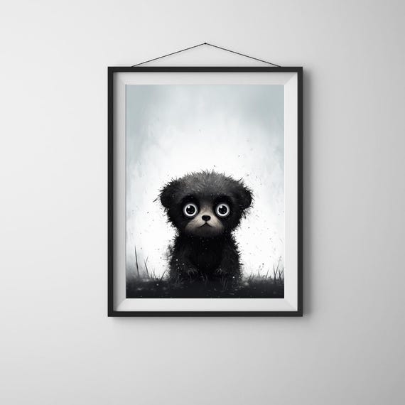 Bigeyed Bear Cub Art Black And White Nursery Print