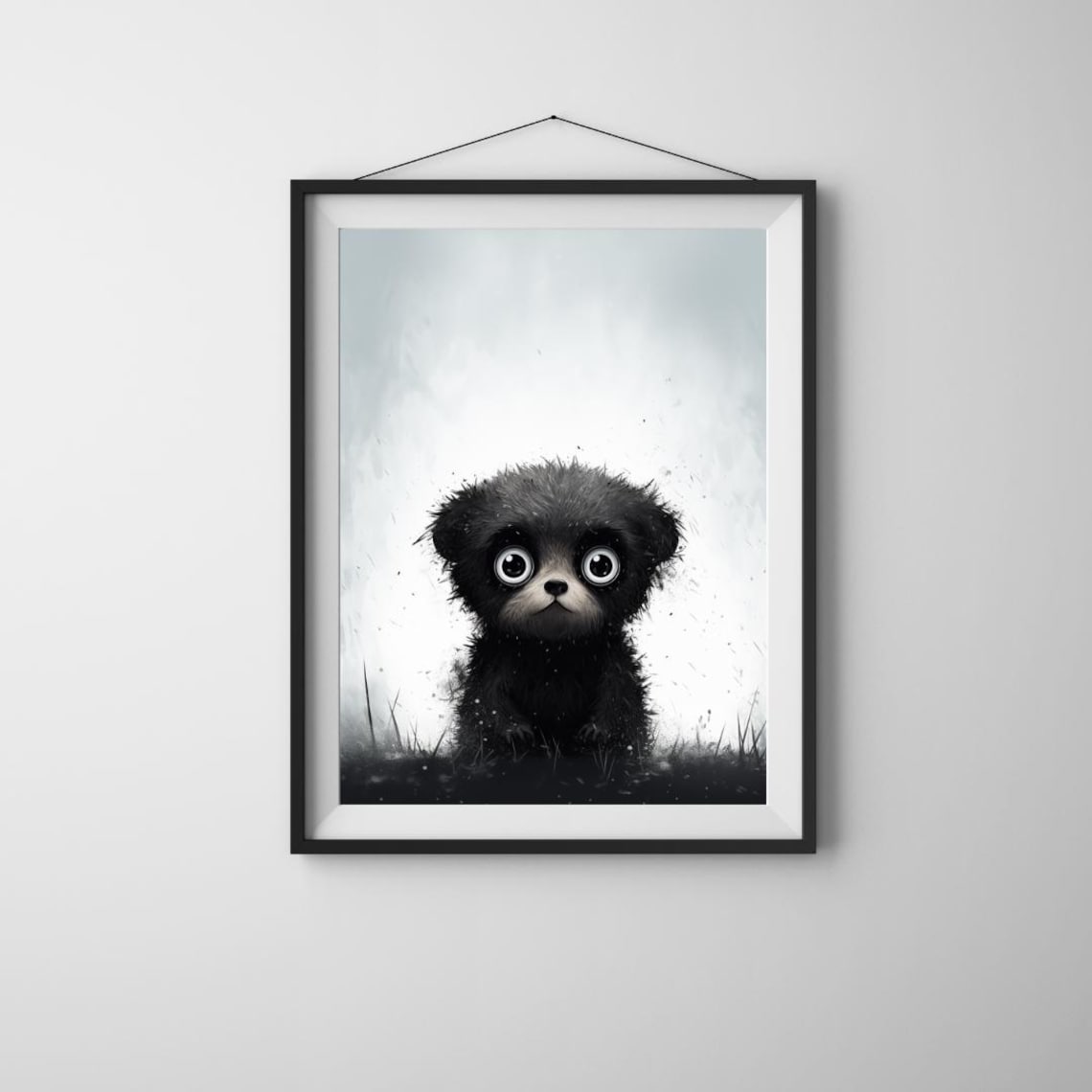Big Eyed Black Puppy Portrait Monochrome Cute Nursery Animal Poster