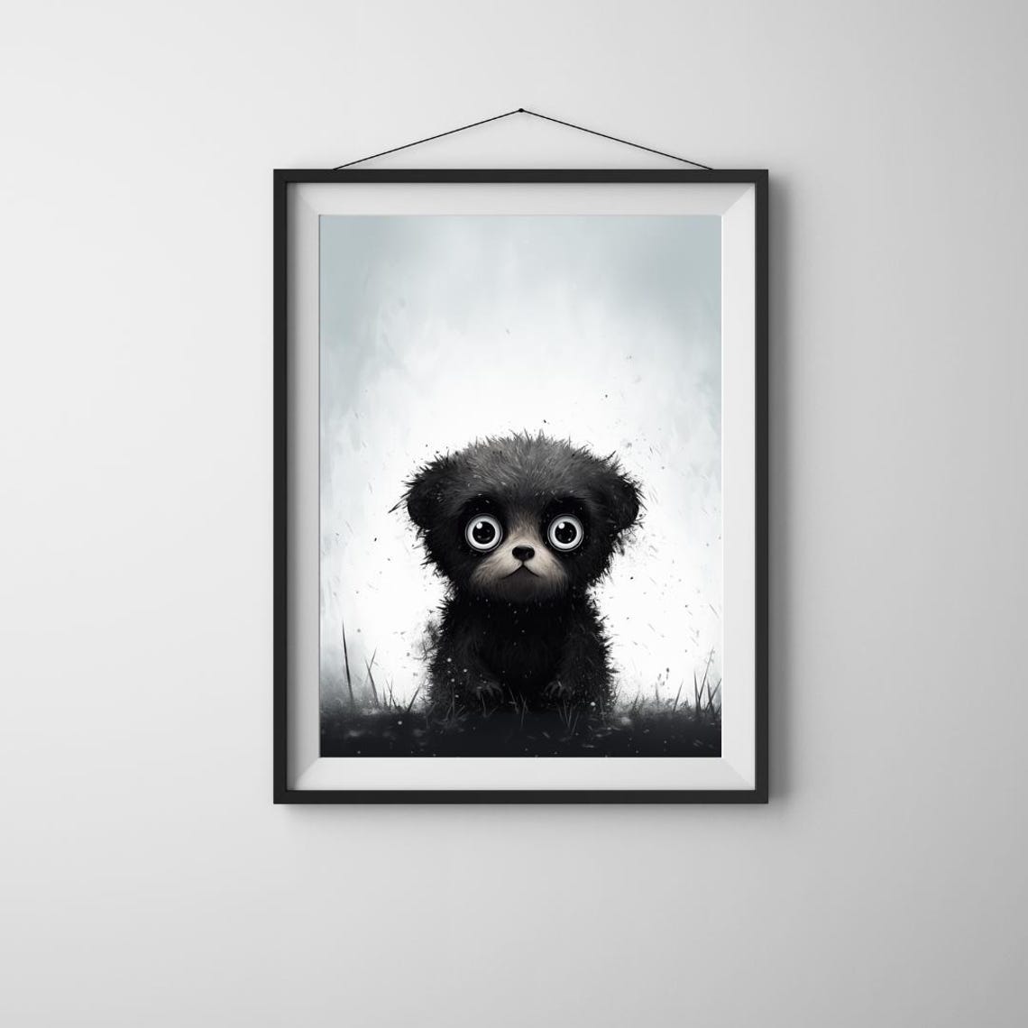 Bigeyed Bear Cub Art Black And White Nursery Print