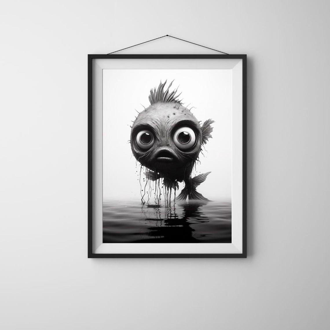 Big Eyed Quirky Fish Creature Rising Water Monochrome Whimsical Poster