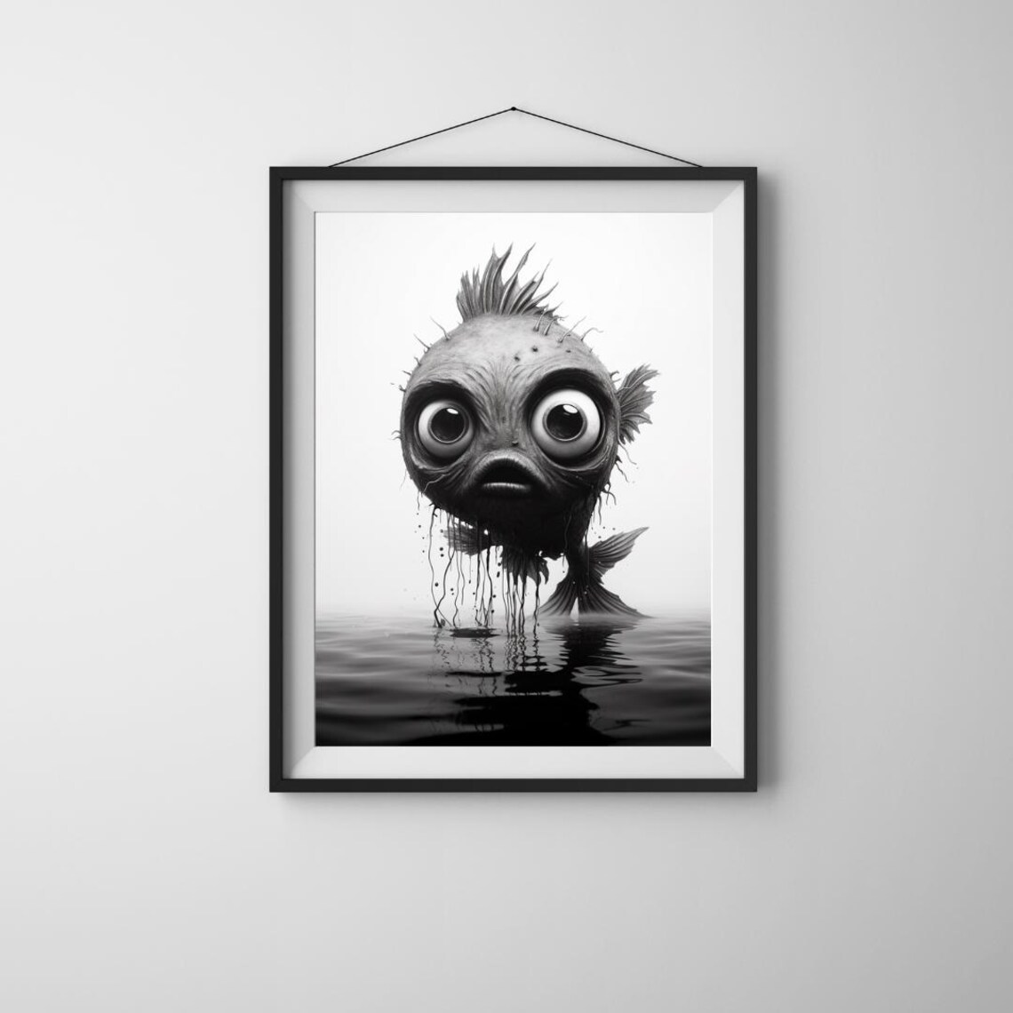 Whimsical Wideeyed Fish Art Aigenerated Black White Poster