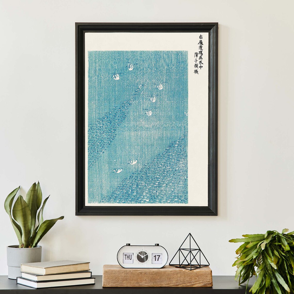 Teal Blue Lake With White Birds Modern Japanese Woodblock Poster - Image 3