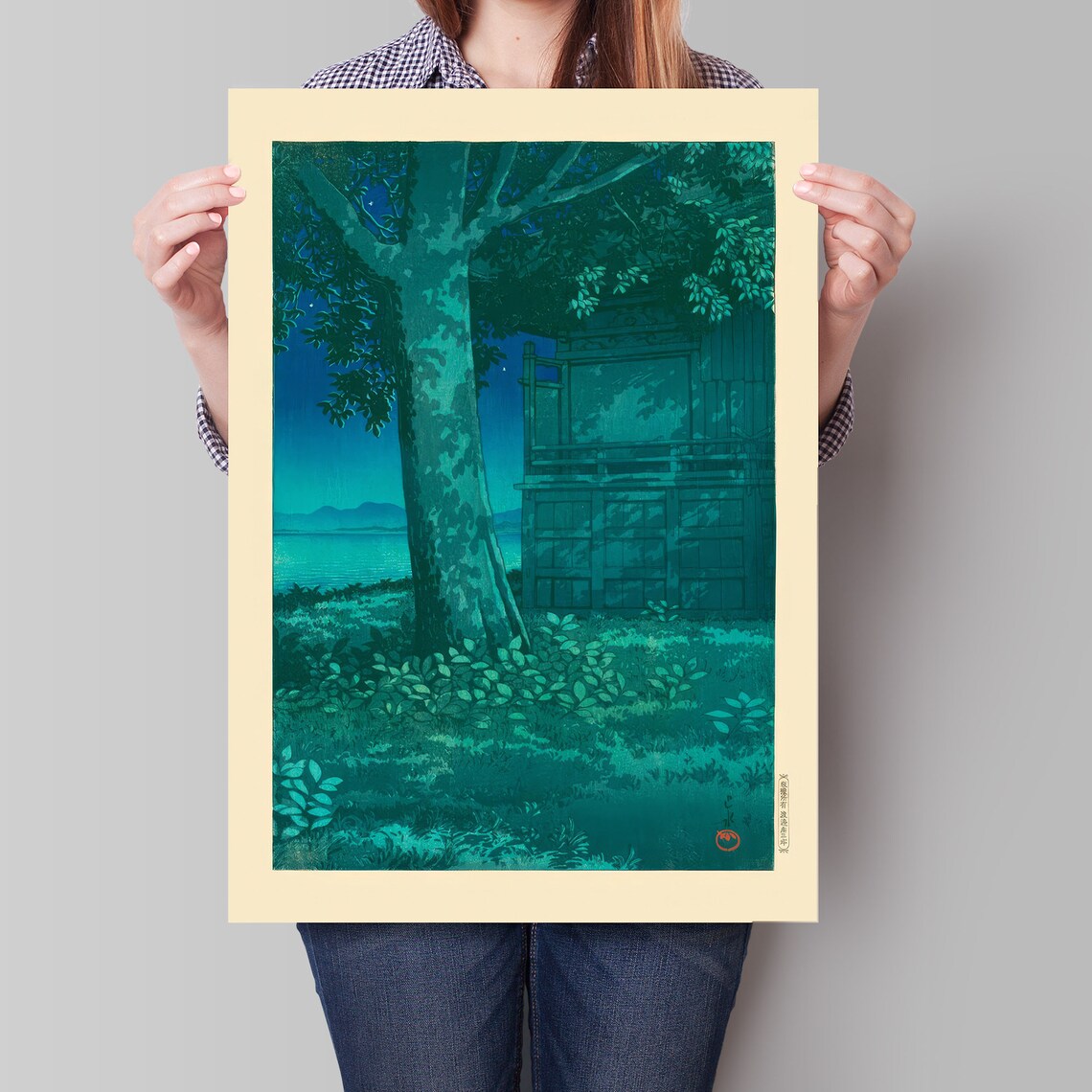 Japanese Night Tree Shrine Dark Blue Woodblock Style Art Poster - Image 4
