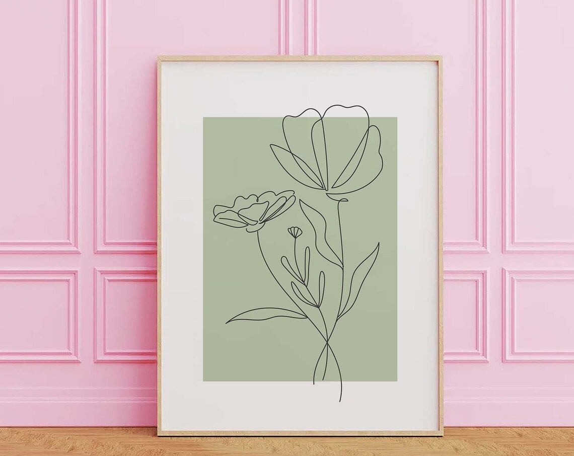 Sage Green Line Art Tulip Flowers Modern Minimalist Botanical Poster