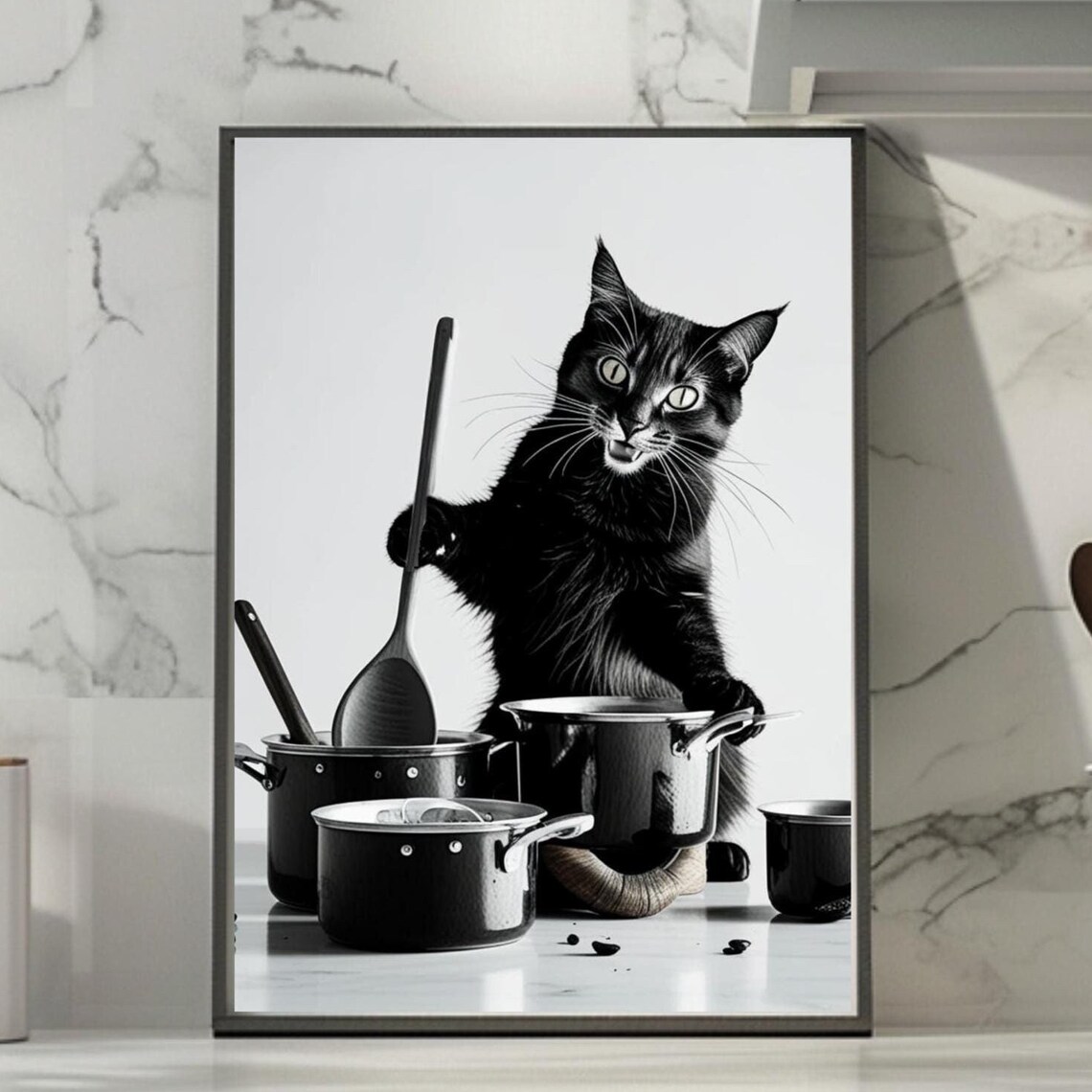 Black Cat Stirring Pots with a Spoon Funny Kitchen Black and White Poster
