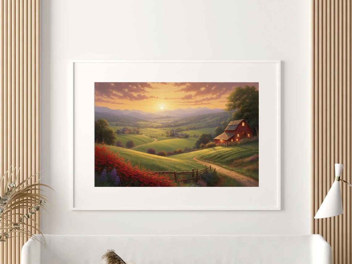 Red Barn on Rolling Green Hills Sunset Farm Landscape Art Poster