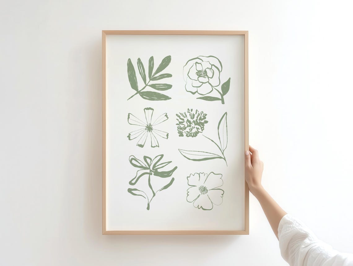 Sage Green Floral Line Art Prints Minimalist Botanical Posters Set Of 2