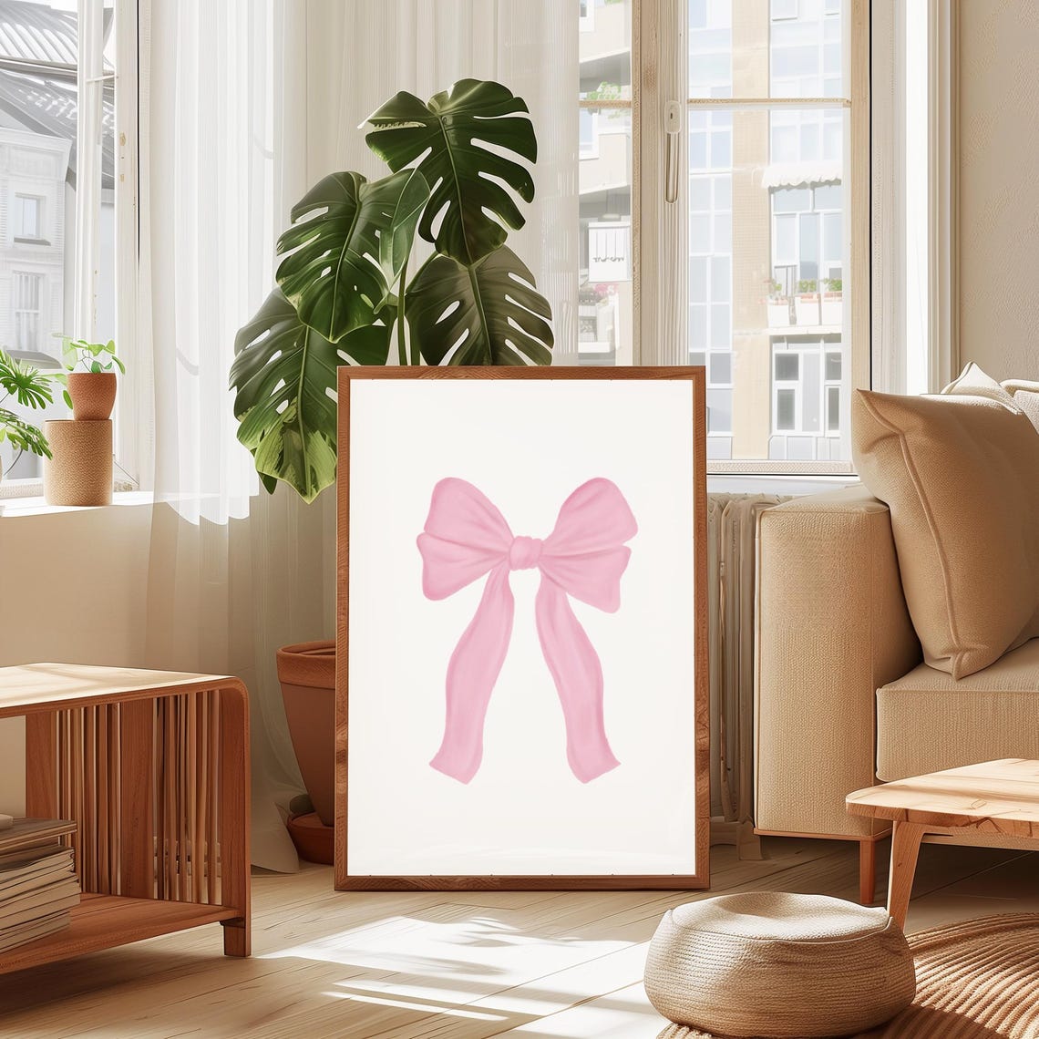Sweet Pink Bow Wall Art Nursery Decor Print Girly Ribbon Illustration - Image 2