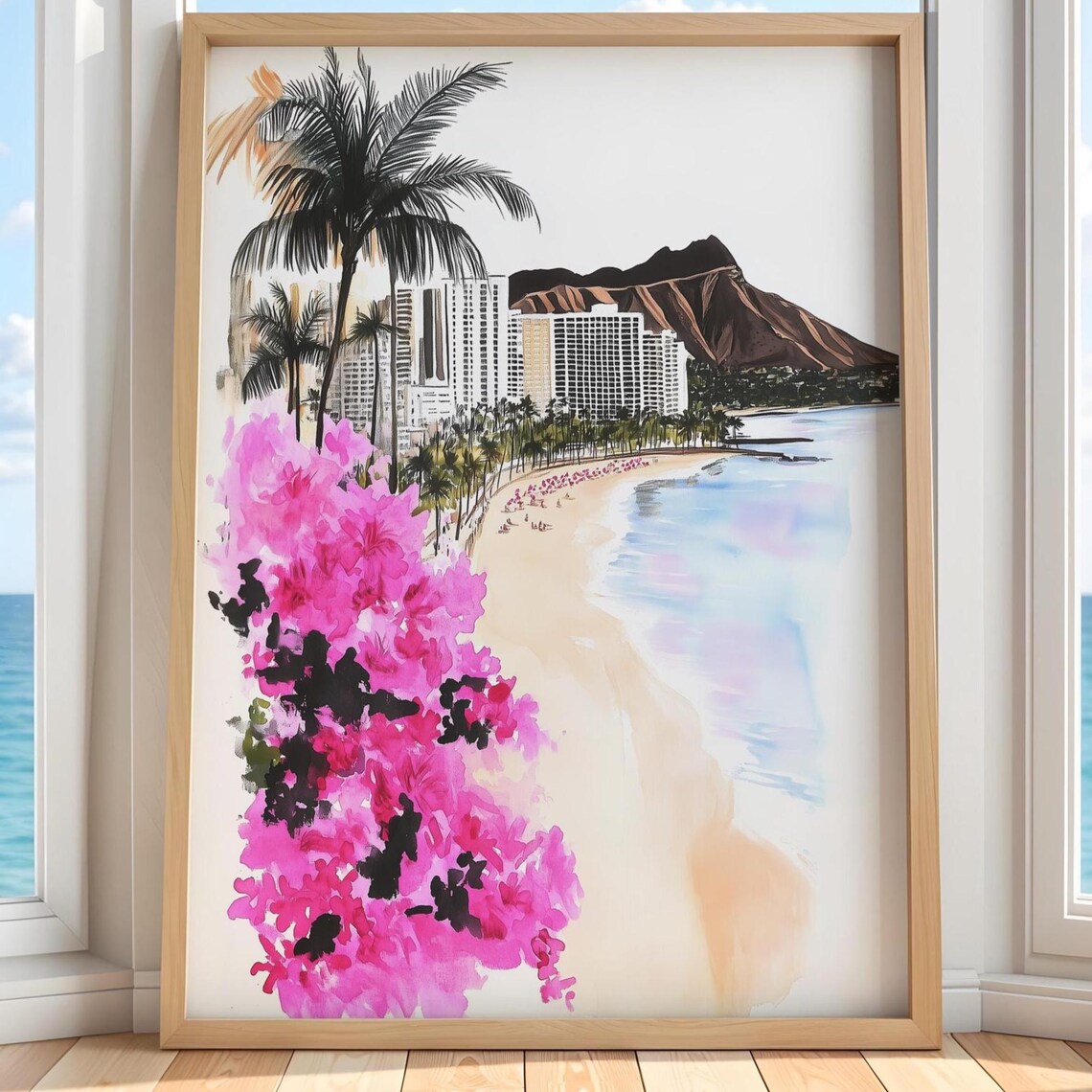 Diamond Head Waikiki Beach Watercolor Tropical Coastal Travel Poster