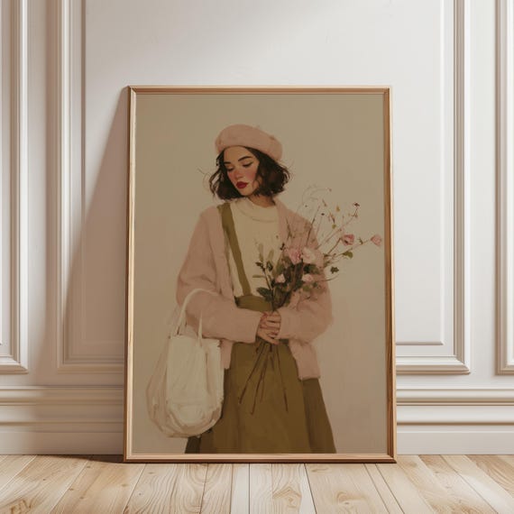 Vintage Parisian Woman Art Feminine Portrait French Girl Romantic Retro Illustration