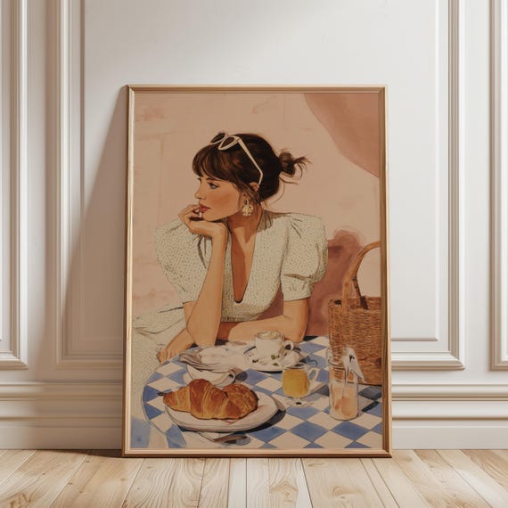 Vintage Parisian Woman Art Feminine Portrait French Girl Romantic Retro Illustration