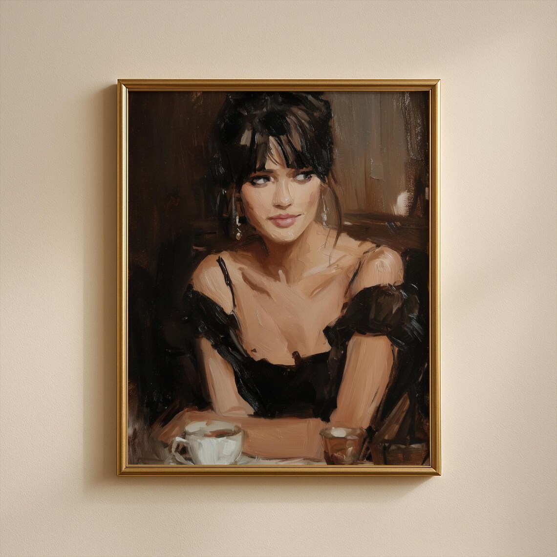 Moody Woman Black Top Coffee Cups Dark Bistro Oil Painting Wall Art