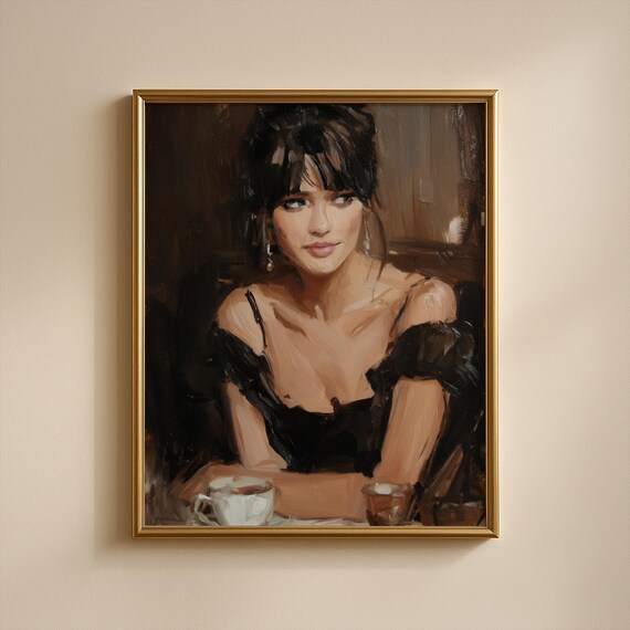 Moody Woman Black Top Coffee Cups Dark Bistro Oil Painting Wall Art