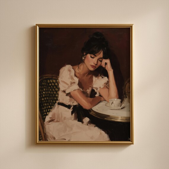 Moody Vintage Woman At Cafe Table Cozy Parisian Style Poster