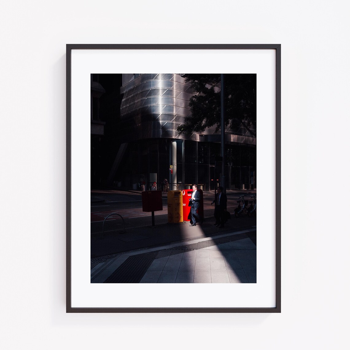 Businessman Red Mailbox Minimalist Urban Street Candid Photo Print