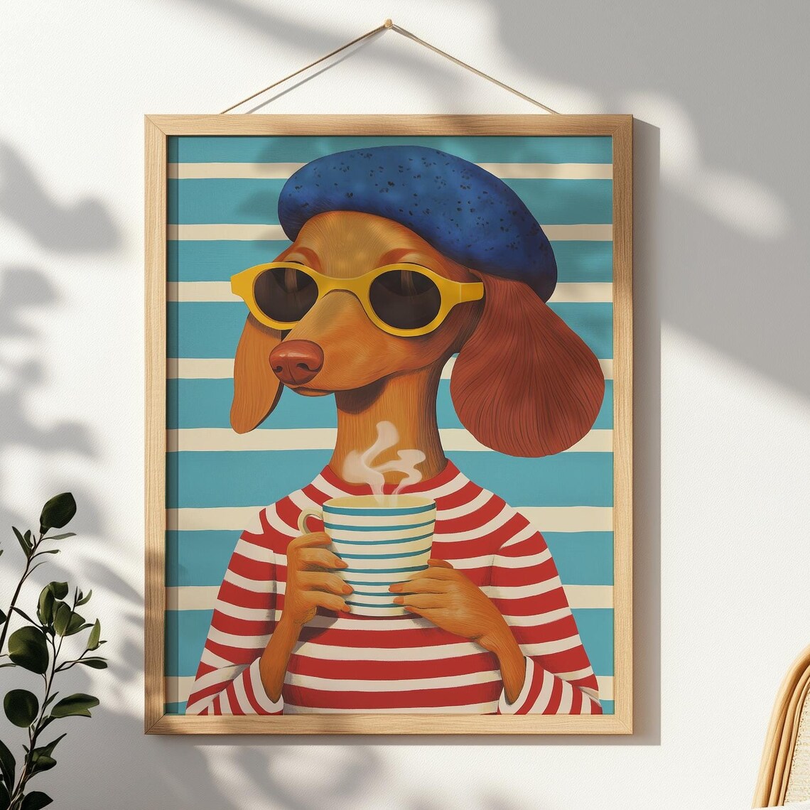 Dachshund Dog In Sunglasses And Beret Holding Coffee Cup Funny Poster