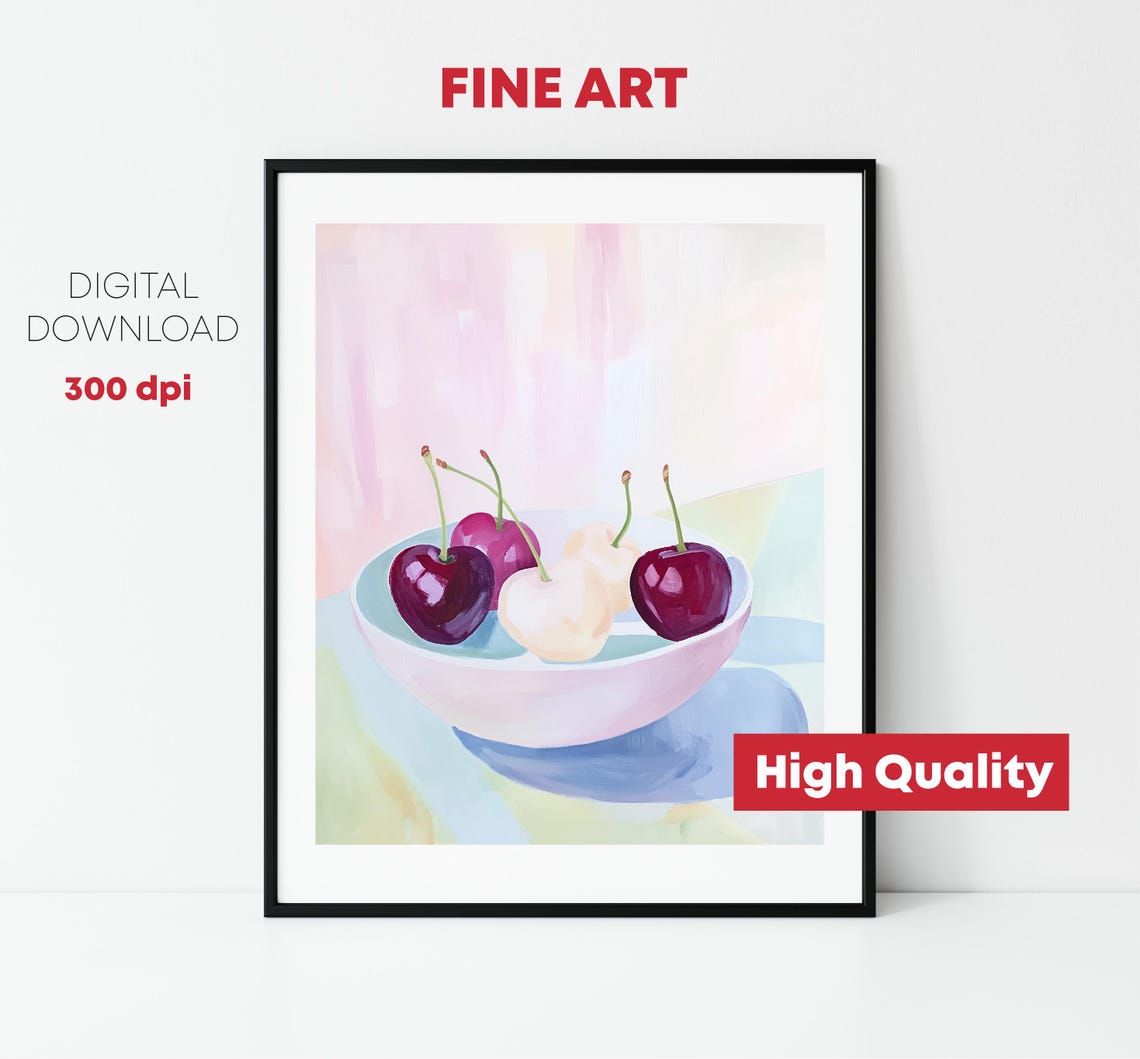 Bowl Of Red And White Cherries Pastel Still Life Kitchen Print - Image 2