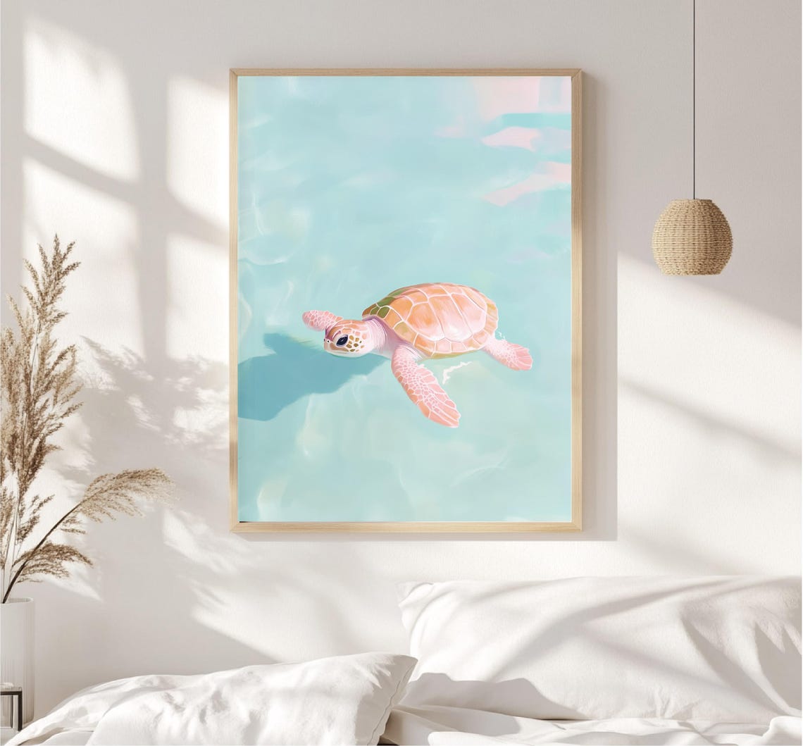 Baby Sea Turtle Swimming In Turquoise Water Pastel Ocean Art Poster - Image 4