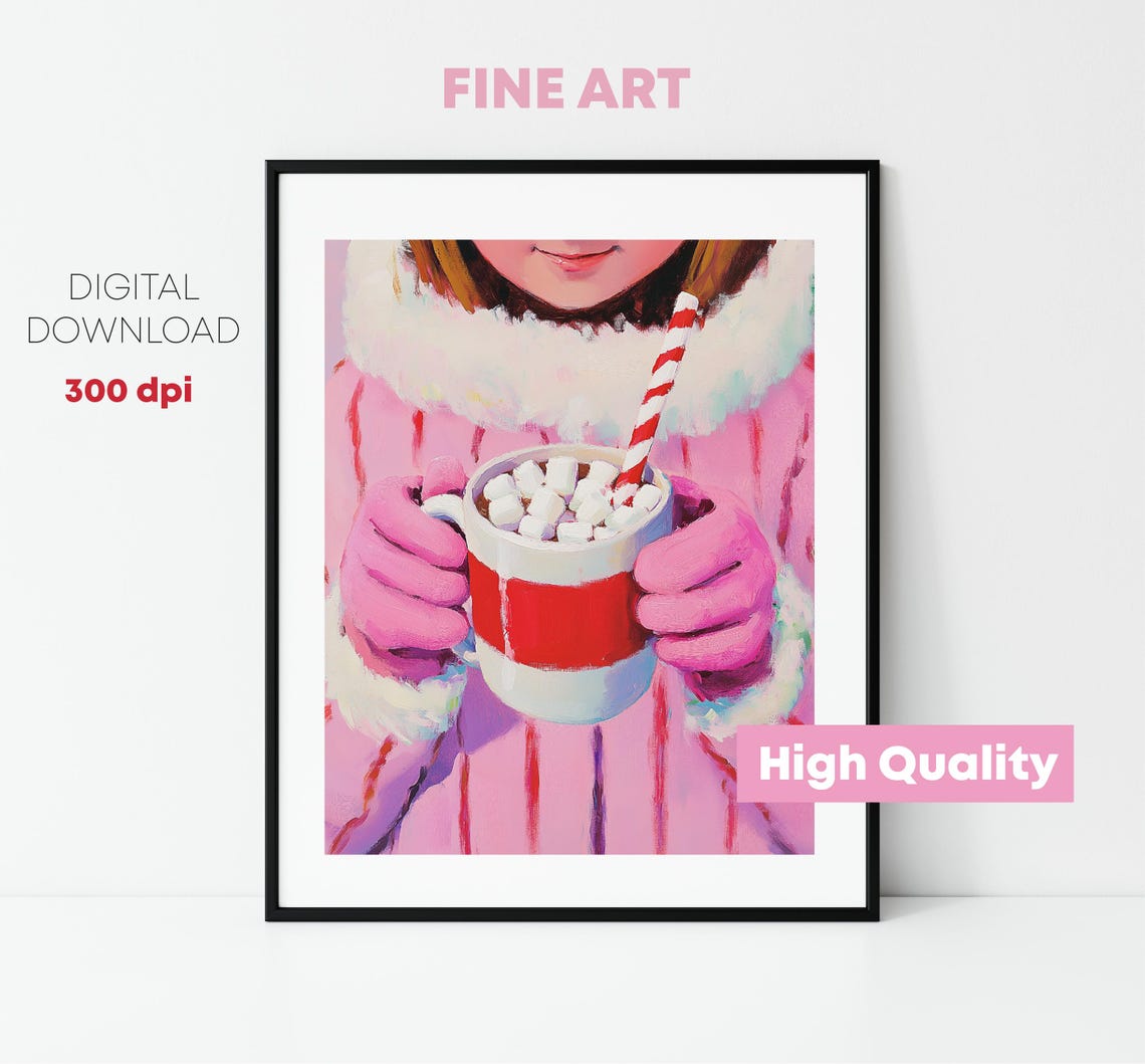 Painting Of Girl With Cup Of Hot Cocoa Colourful Art Christmas Cake Decoration Christmas Cake Pink December - Image 2