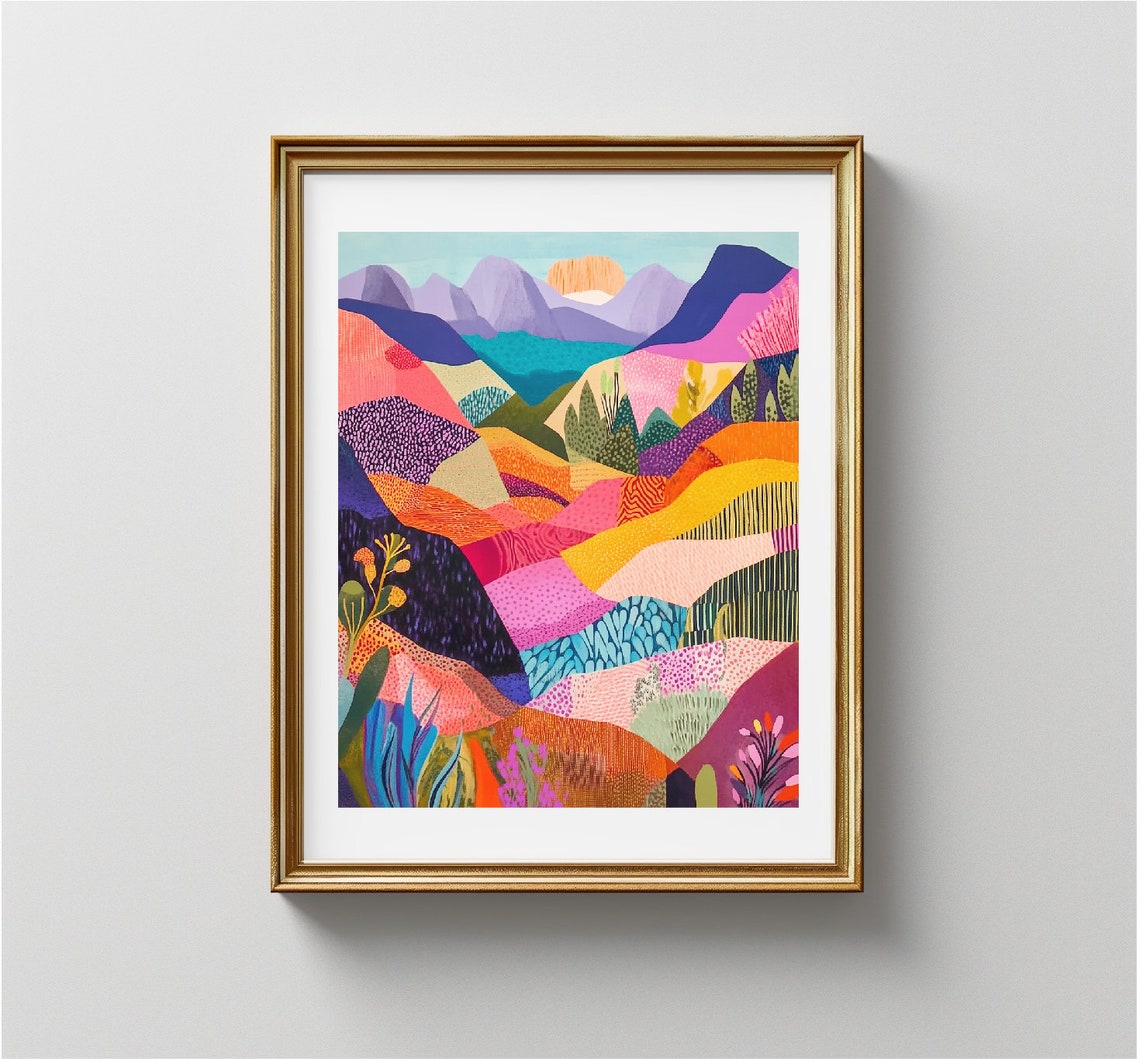 Colorful Patchwork Mountain Landscape Sunset Abstract Art Poster - Image 3
