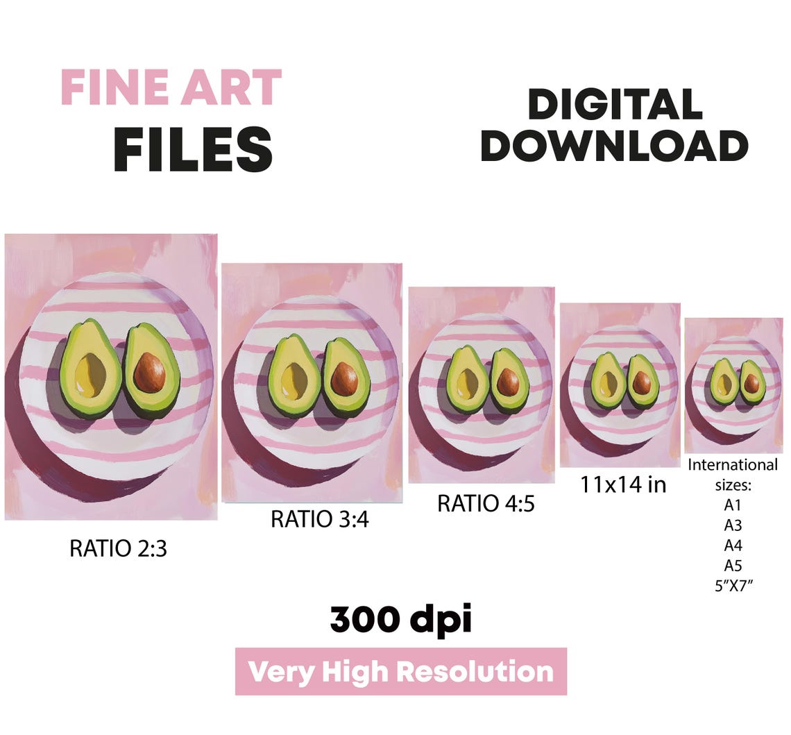 Fresh Avocado Halves Painting Pink Striped Plate Kitchen Wall Art - Image 6