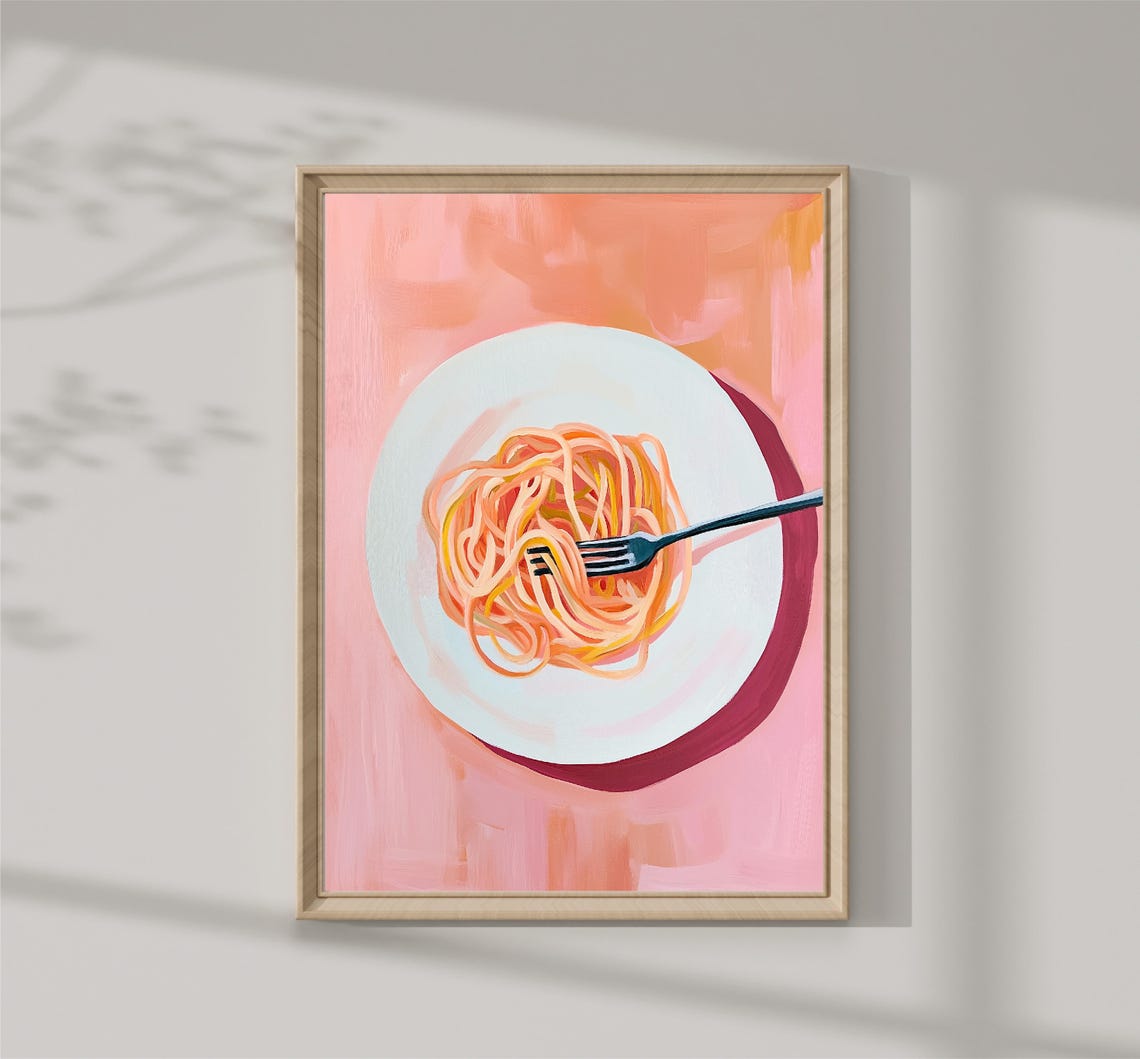 Pink Spaghetti Plate Fork Top Down Food Painting Kitchen Wall Art