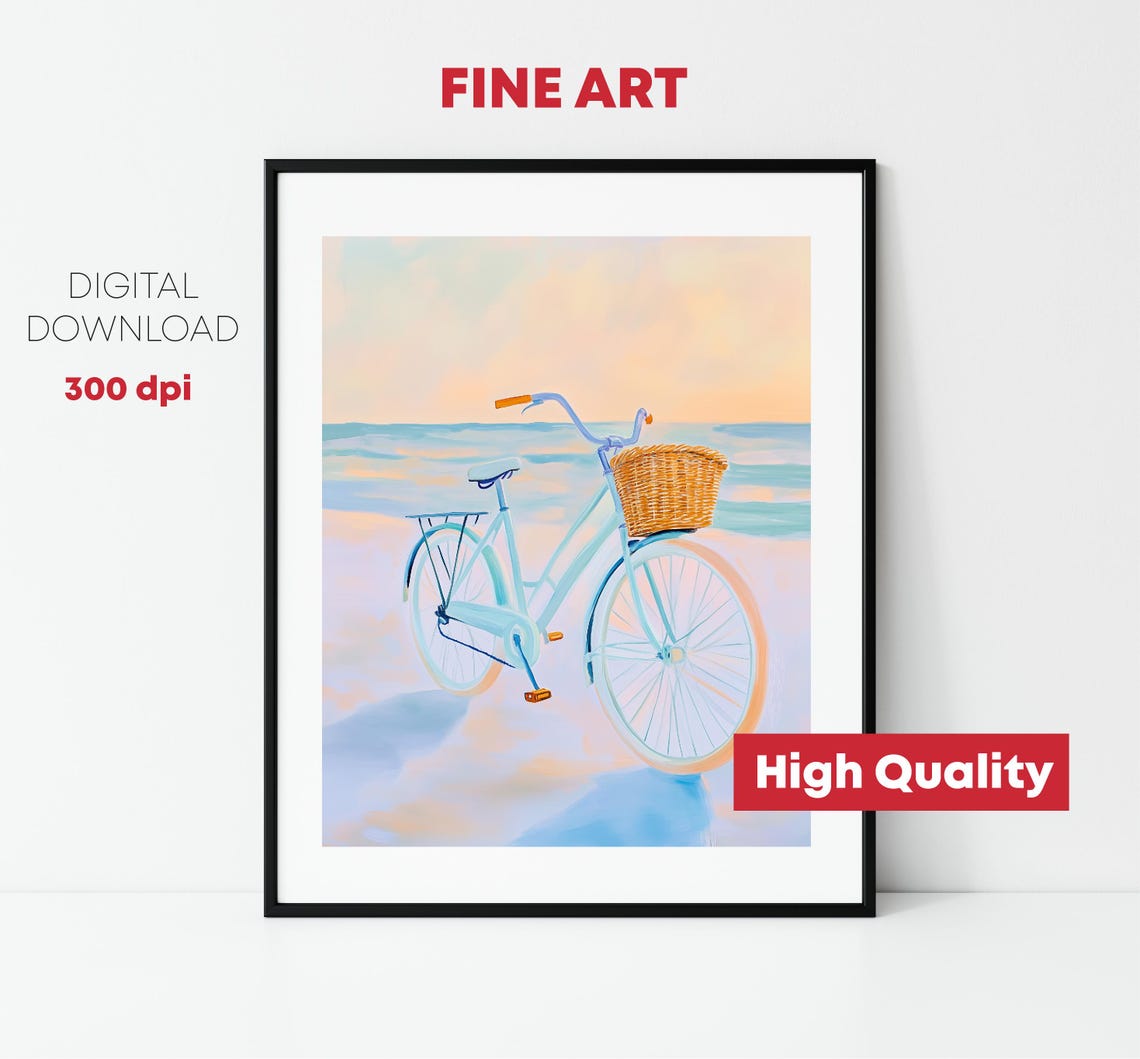 Blue Beach Cruiser Bike Wicker Basket Pastel Sunset Ocean Art Print - Image 2