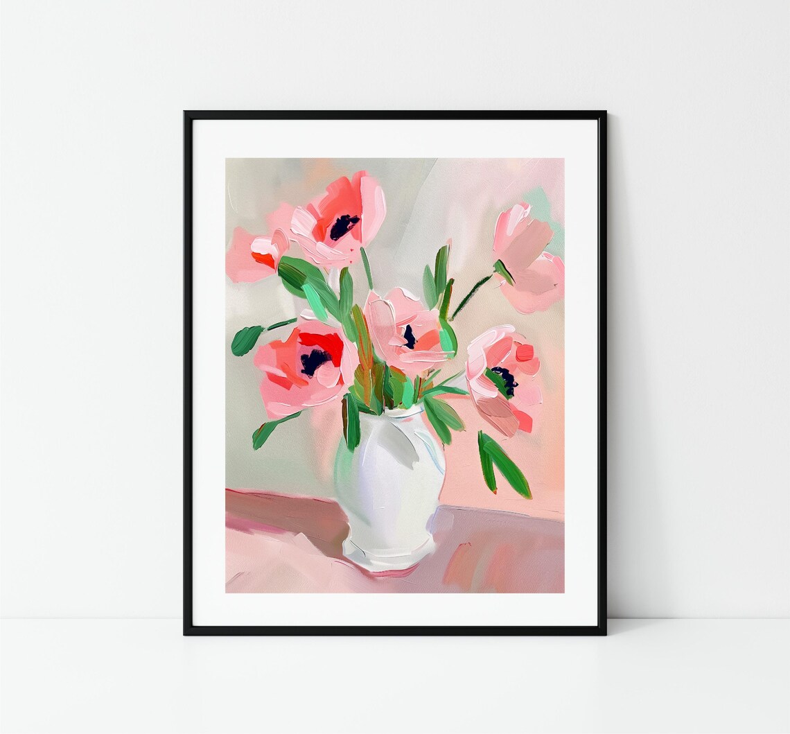 Pink Anemones Bouquet White Vase Impressionist Floral Painting Print - Image 3