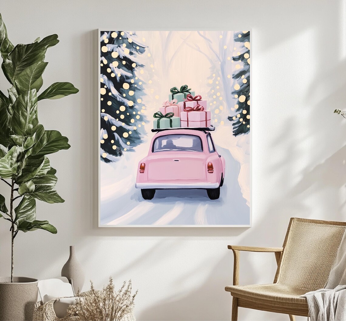 Pink Vintage Car Gifts Roof Snowy Forest Christmas Drive Poster - Image 4