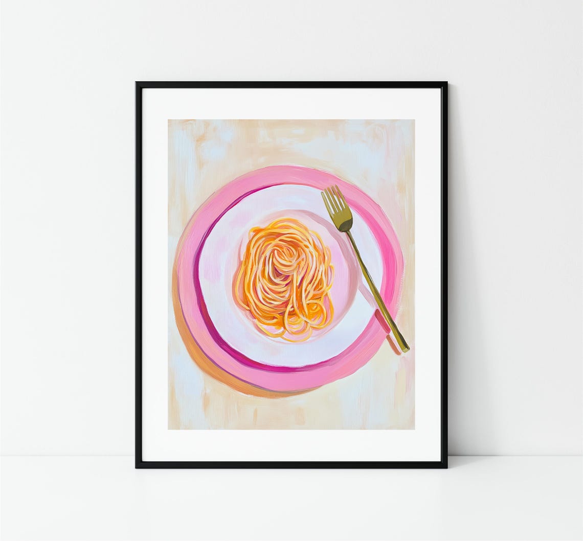 Spaghetti Pasta Nest Pink Plate Fork Pastel Italian Food Art Print - Image 3