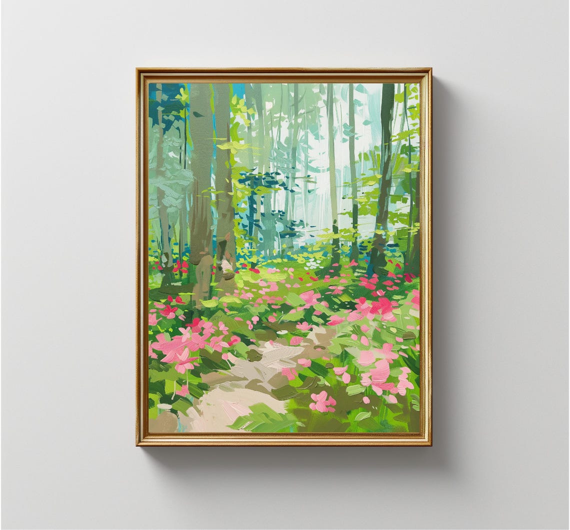 Sunlit Forest Path Pink Wildflowers Impressionist Nature Poster - Image 3