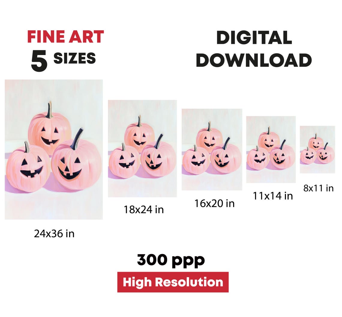 Three Pink Jack O Lantern Pumpkins Cute Pastel Halloween Print - Image 4