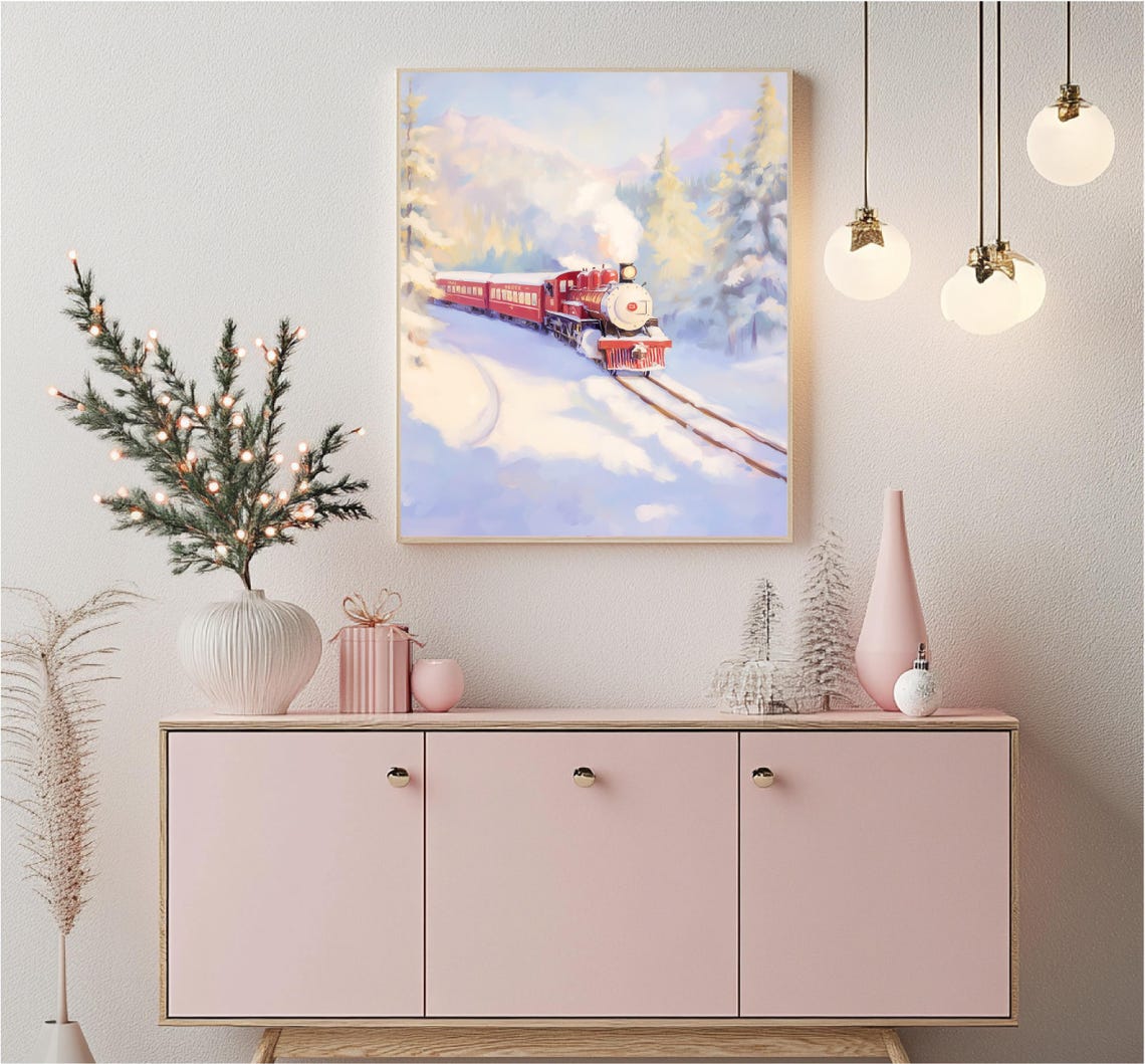 Red Steam Train Snowy Mountains Holiday Express Winter Art Poster - Image 4