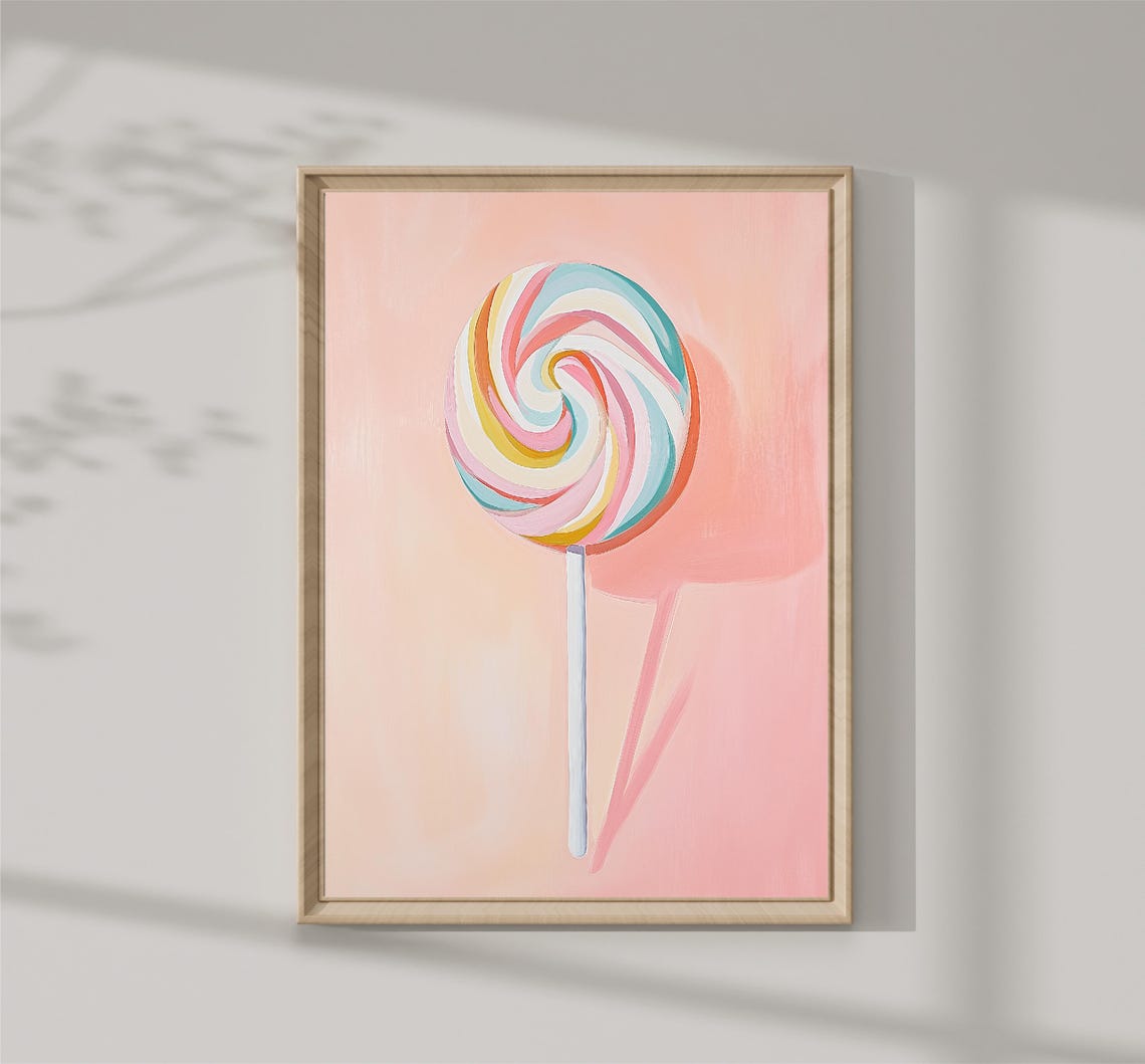 Rainbow Swirl Lollipop Pastel Pink Sweet Candy Kitchen Art Print