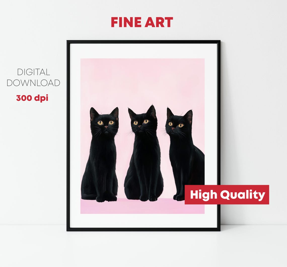 Three Black Cats Pink Background Golden Eyes Modern Cat Print - Image 2