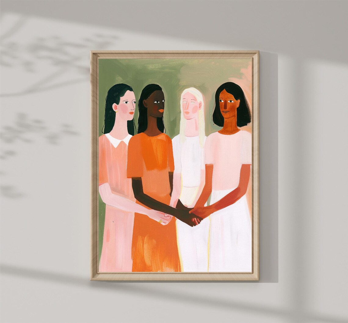 Four Diverse Women Friends Holding Hands Modern Illustration Print