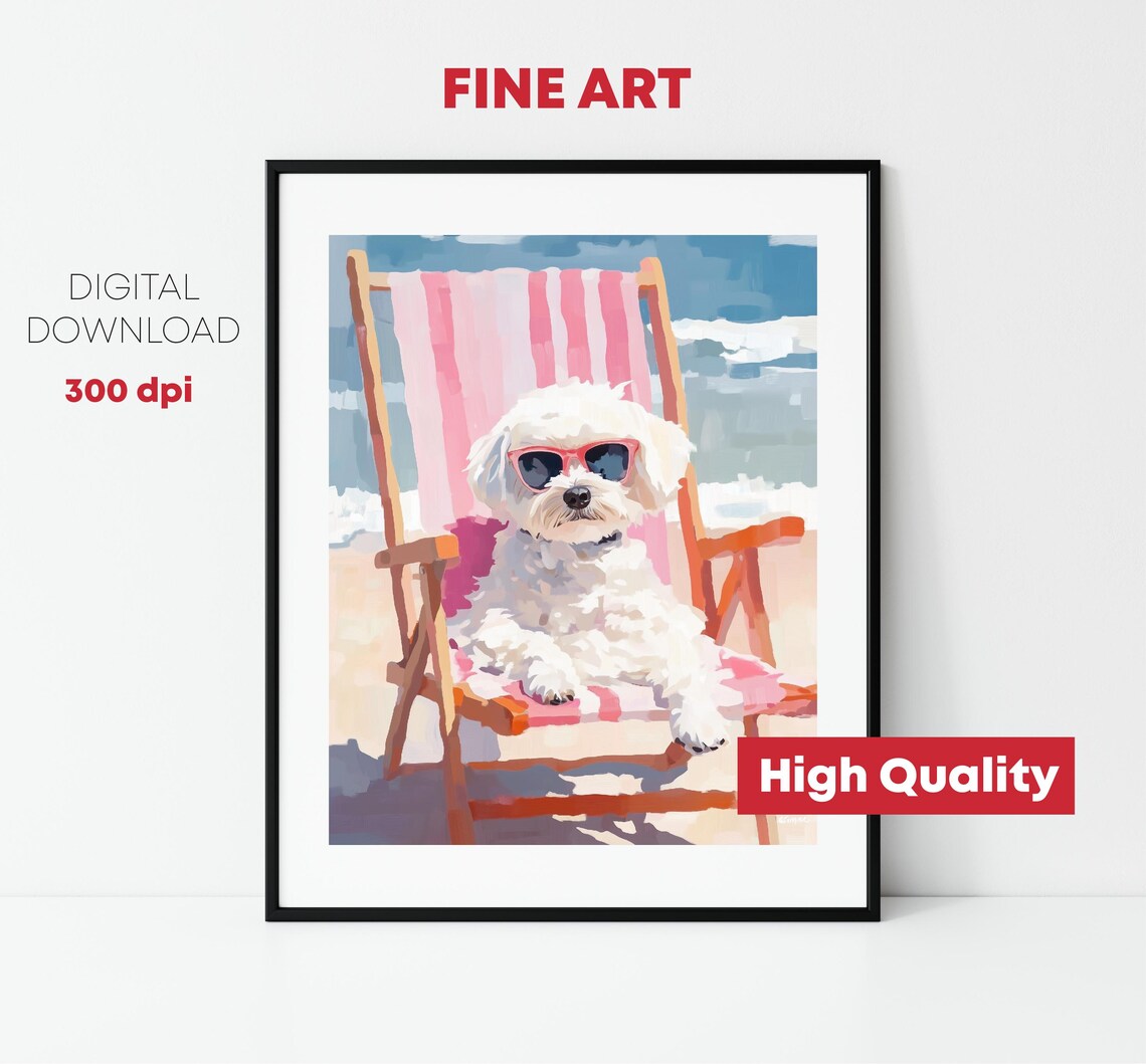 Maltese Dog In Sunglasses Beach Chair Coastal Summer Fun Poster - Image 2