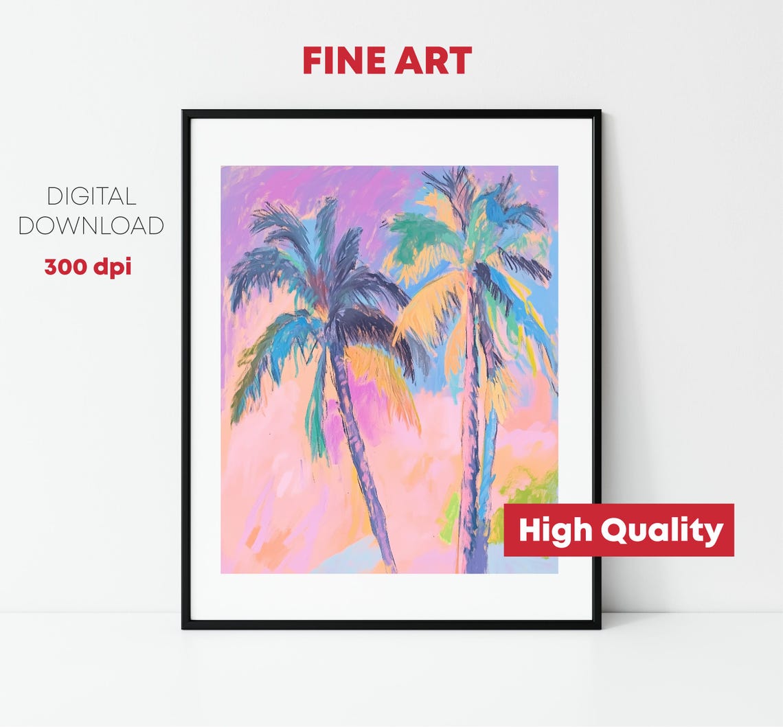 Vibrant Pastel Palm Trees Pink Tropical Sky Summer Coastal Poster - Image 2