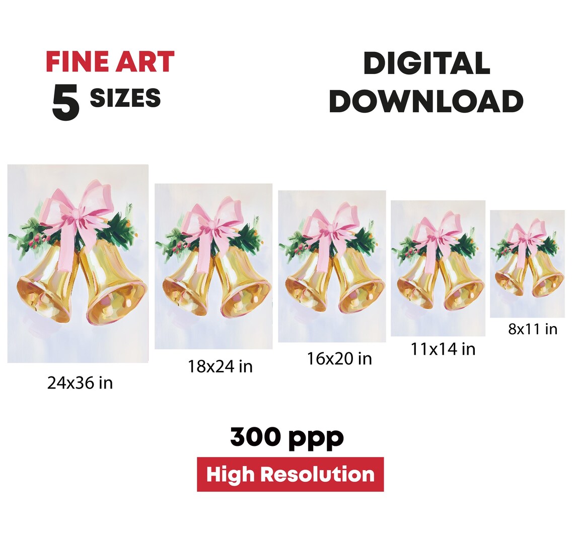 Golden Christmas Bells Pink Bow Greenery Holiday Jingle Art Print - Image 4