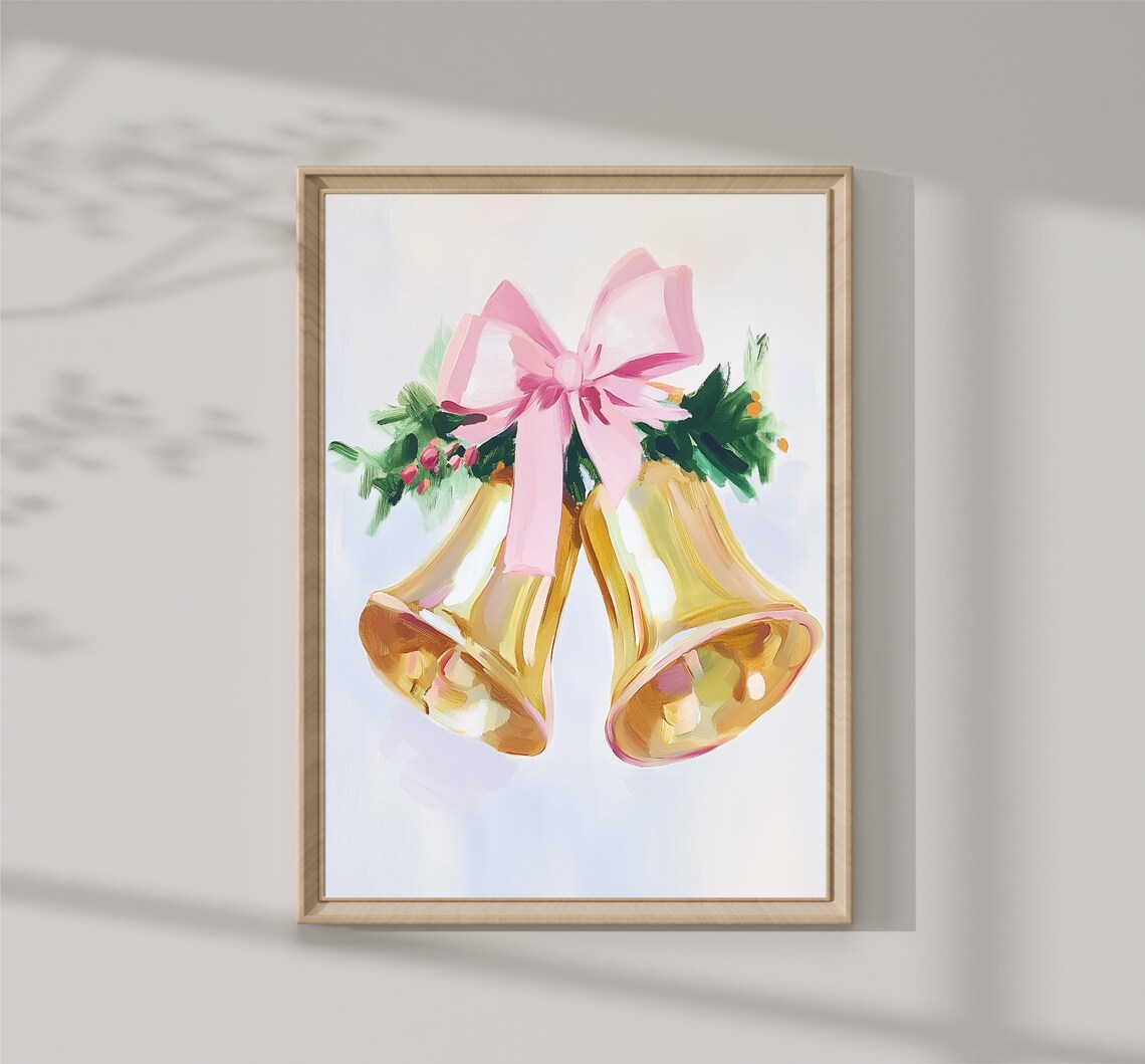 Golden Christmas Bells Pink Bow Greenery Holiday Jingle Art Print - Image 2