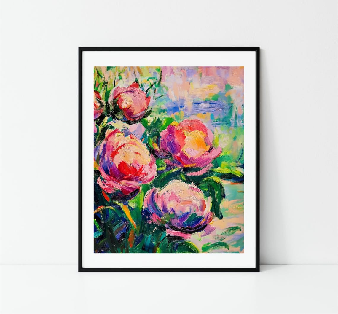 Vibrant Pink Peony Blossoms Impressionist Floral Garden Poster - Image 3