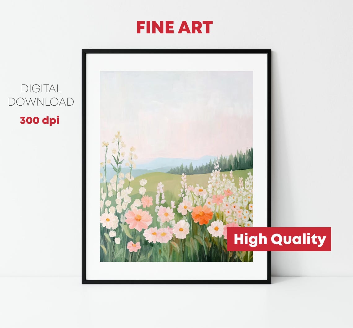 Wildflower Meadow Pastel Field Distant Hills Floral Landscape Print - Image 2