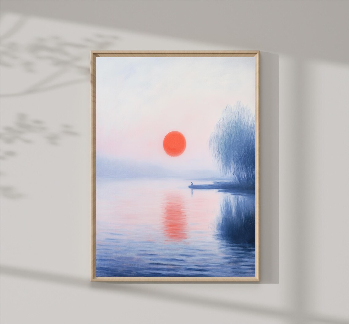 Red Sun Rising Over Misty Blue Lake Dawn Water Landscape Print