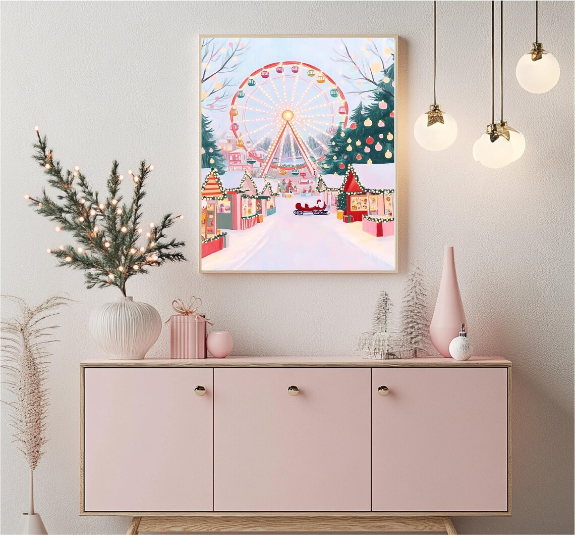Snowy Amusement Park Christmas Scene Art Print - Image 2