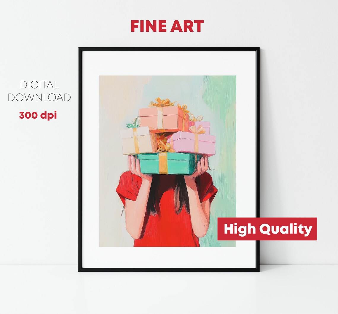 Girl Holding Stack Christmas Gifts Red Dress Holiday Joy Poster - Image 3
