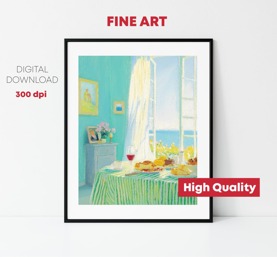 Turquoise Dining Room Sea View Window Sunny Breakfast Table Poster - Image 2
