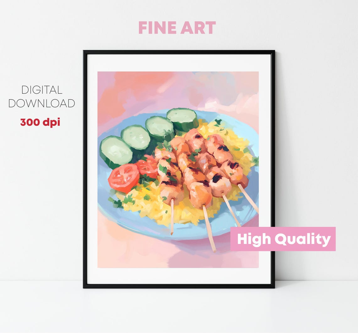 Grilled Chicken Skewers Plate Painting Pink Background Kitchen Poster - Image 3