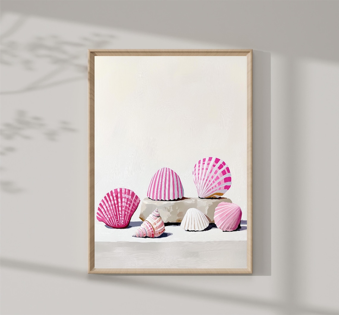 Pink Striped Scallop Shells Still Life Minimalist Beach Coastal Art Print