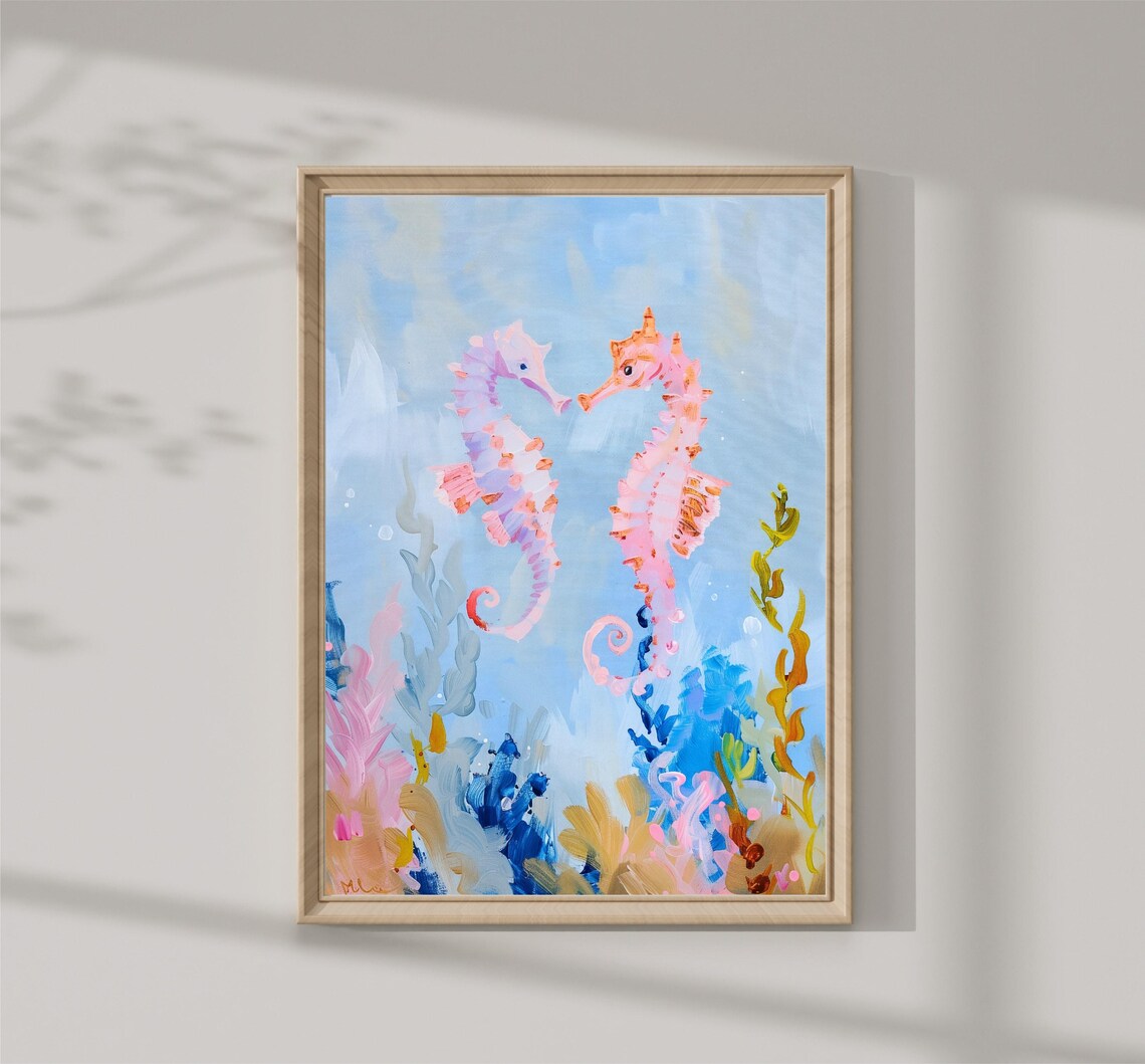 Pink Seahorses Coral Reef Pastel Underwater Nursery Wall Art Print
