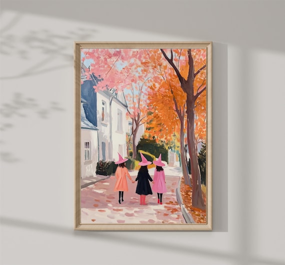 Three Witches Autumn Street Orange Fall Leaves Whimsical Halloween Print